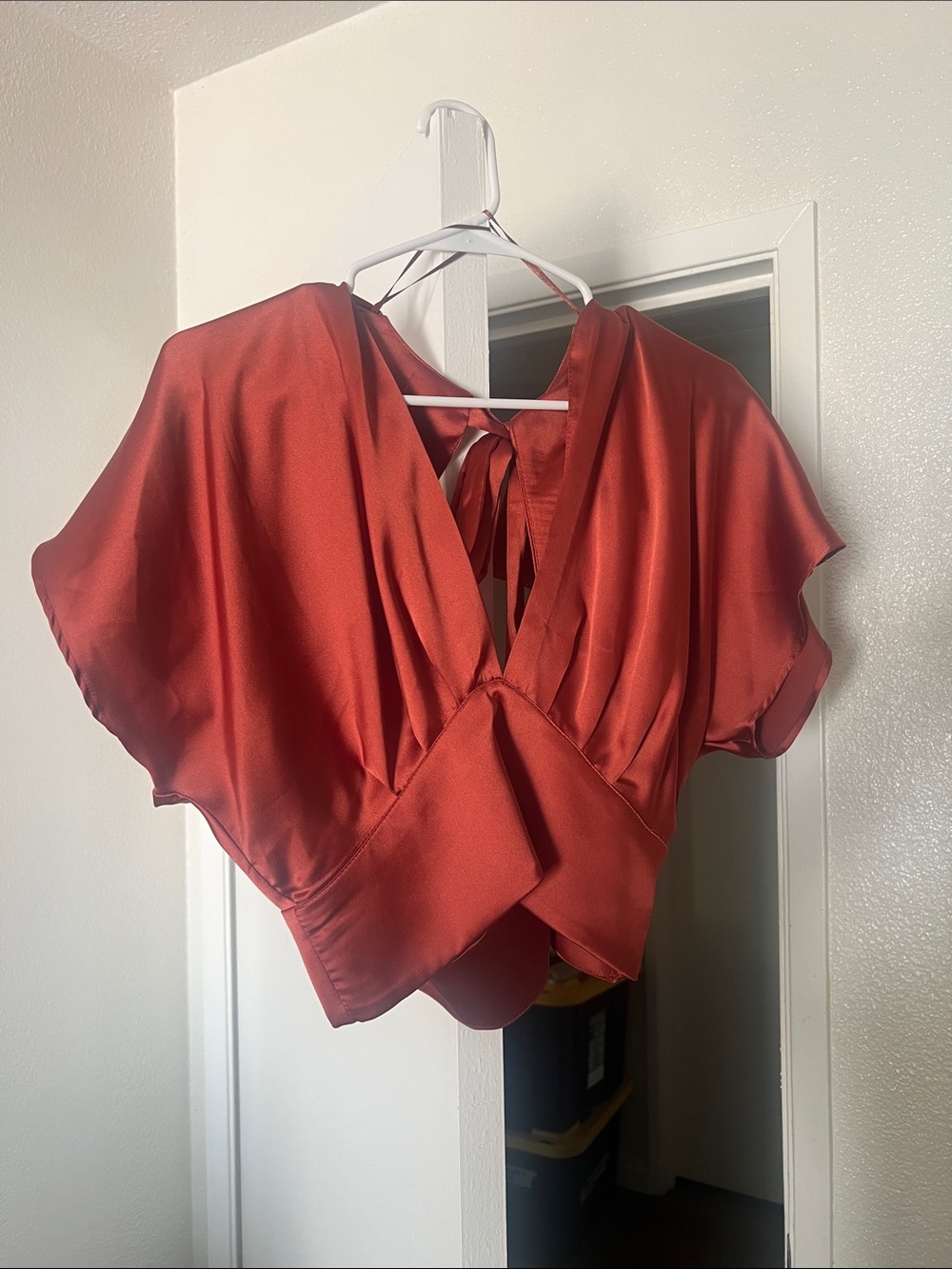 Zara Satin V-Neck Tie-Back Top in Rust Red